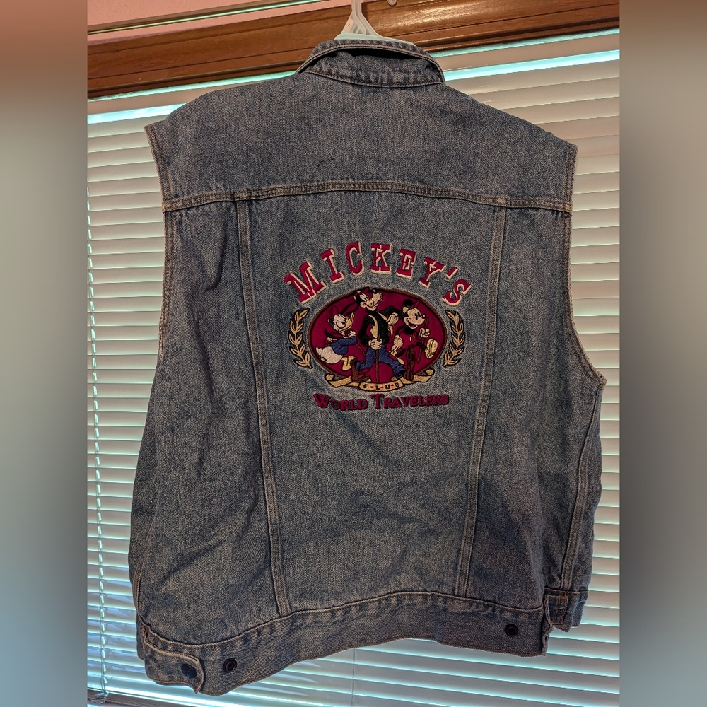 Mickey Mouse Inc World Traveler Reversible Denim Vest Large Plaid Vtg 90s Disney
